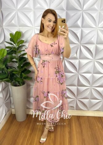 Saia Tule Super Mídi Plissada Toda Forrada Com Regulagem Na Cintura Sophia - Mousse - Milla Chic