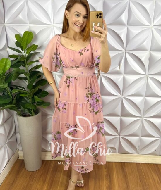 Saia Tule Super Mídi Plissada Toda Forrada Com Regulagem Na Cintura Sophia - Mousse - Milla Chic