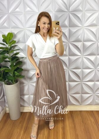 Saia Tule Super Mídi Plissada Toda Forrada Com Regulagem Na Cintura Sophia - Mousse - Milla Chic