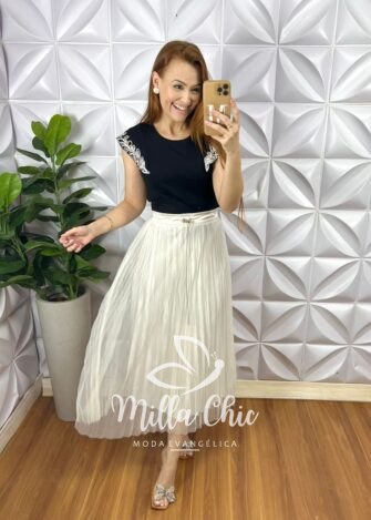 Saia Tule Super Mídi Plissada Toda Forrada Com Regulagem Na Cintura Sophia - Off - Milla Chic