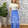 Saia Viscose Com Lastex Na Cintura Longa Três Marias Quitéria - Azul - Milla Chic