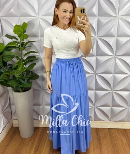 Saia Viscose Com Lastex Na Cintura Longa Três Marias Quitéria - Azul - Milla Chic