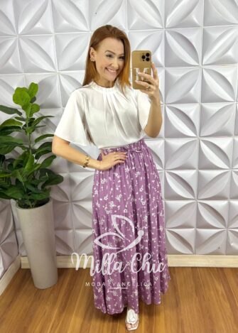 Saia Viscose Com Lastex Na Cintura Longa Três Marias Quitéria - Lavanda (Floral) - Milla Chic
