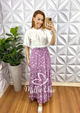 Saia Viscose Com Lastex Na Cintura Longa Três Marias Quitéria - Lavanda (Floral) - Milla Chic