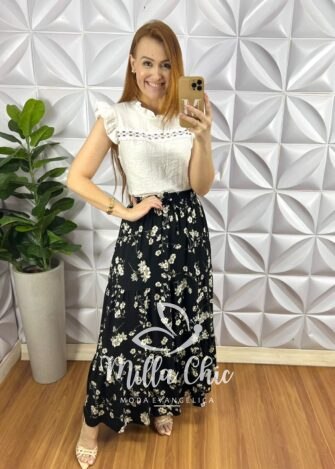 Saia Viscose Com Lastex Na Cintura Longa Três Marias Quitéria - Preta (Floral) - Milla Chic