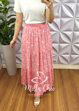 Saia Viscose Com Lastex Na Cintura Longa Três Marias Quitéria - Rosa (Floral) - Milla Chic