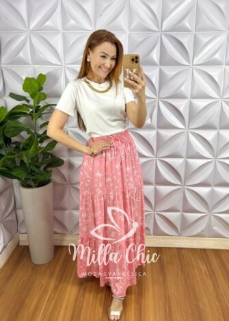 Saia Viscose Com Lastex Na Cintura Longa Três Marias Quitéria - Rosa (Floral) - Milla Chic