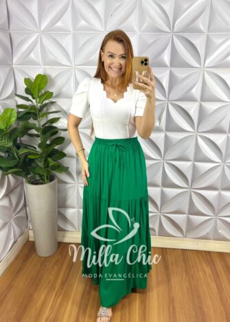 Saia Viscose Com Lastex Na Cintura Longa Três Marias Quitéria - Verde - Milla Chic