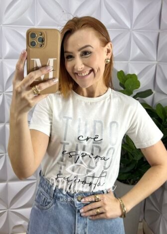 Tshirt De Malha de Algodão Com Frase Silcada 1 Coríntios - Branca - Milla Chic