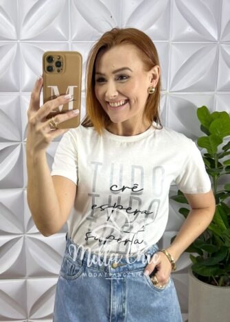 Tshirt De Malha de Algodão Com Frase Silcada 1 Coríntios - Branca - Milla Chic