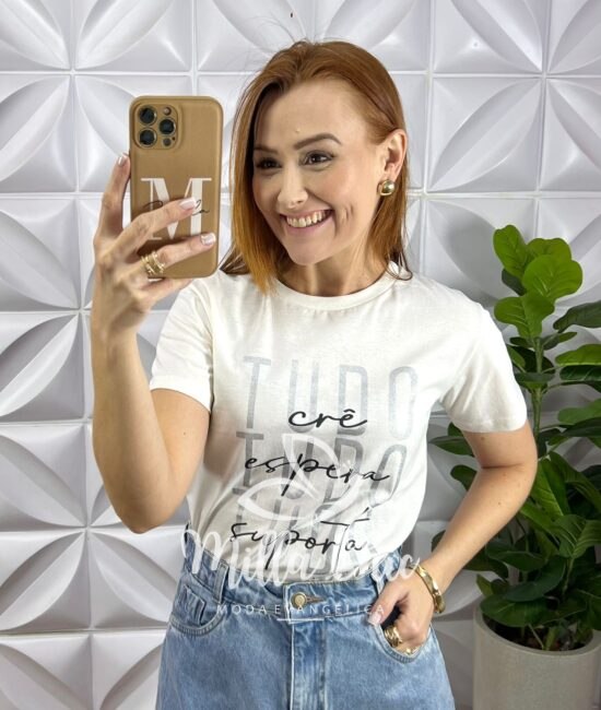 Tshirt De Malha de Algodão Com Frase Silcada 1 Coríntios - Branca - Milla Chic