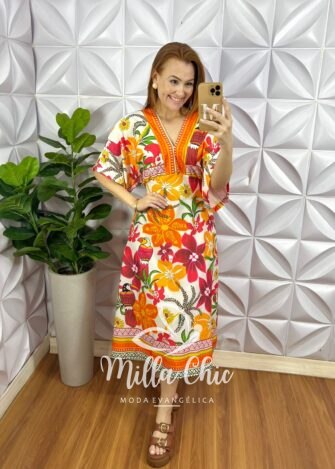 Vestido Alfaiataria Mídi Com Elástico Nas Costas Manga Raglan Faby - Laranja - Milla Chic