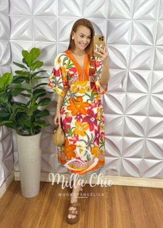 Vestido Alfaiataria Mídi Com Elástico Nas Costas Manga Raglan Faby - Laranja - Milla Chic