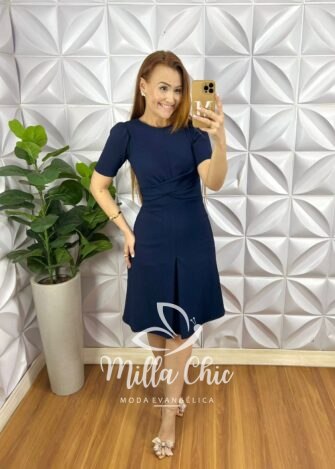 Vestido Anarruga Com Torção Na Cintura Curto Lanna - Azul Marinho - Milla Chic