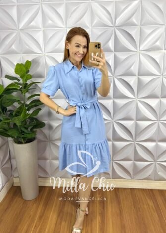 Vestido Chemise Alfaiataria Amarrant Manga Princesa Faixa Cinto Carla - Azul - Milla Chic