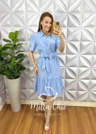 Vestido Chemise Alfaiataria Amarrant Manga Princesa Faixa Cinto Carla - Azul - Milla Chic