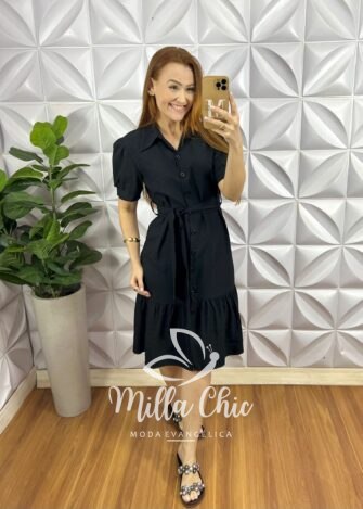 Vestido Chemise Alfaiataria Amarrant Manga Princesa Faixa Cinto Carla - Azul - Milla Chic