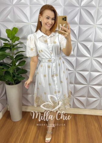 Vestido Chemise Leise Bicolor Bordado Mídi Com Forro Avulso Yasmin - Branco - Milla Chic