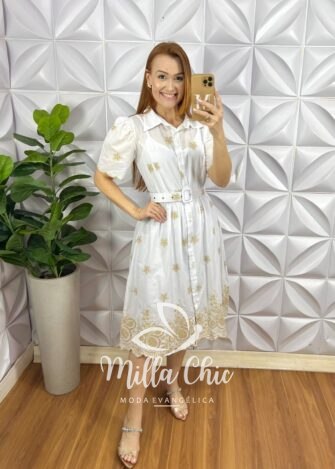Vestido Chemise Leise Bicolor Bordado Mídi Com Forro Avulso Yasmin - Branco - Milla Chic