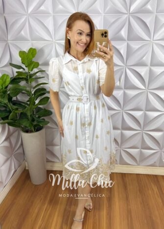 Vestido Chemise Leise Bicolor Bordado Mídi Com Forro Avulso Yasmin - Branco - Milla Chic