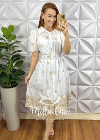 Vestido Chemise Leise Bicolor Bordado Mídi Com Forro Avulso Yasmin - Branco - Milla Chic