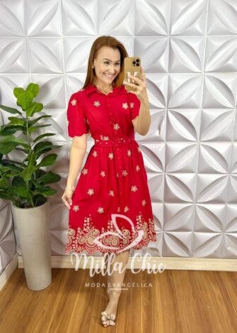 Vestido Chemise Leise Bicolor Bordado Mídi Com Forro Avulso Yasmin - Vermelho - Milla Chic