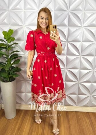 Milla Chic - millachic com br vestido chemise leise midi com forro avulso yasmin manteiga copia Vestido Chemise Leise Bicolor Bordado Mídi Com Forro Avulso Yasmin - Vermelho - Milla Chic