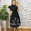Vestido Chemise Tricoline Manga Babadinho Mídi Com Marias Thalita - Preto - Milla Chic