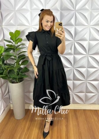 Milla Chic - millachic com br vestido chemise tricoline manga babadinho midi com marias thalita preto 3 Vestido Chemise Tricoline Manga Babadinho Mídi Com Marias Thalita - Preto - Milla Chic