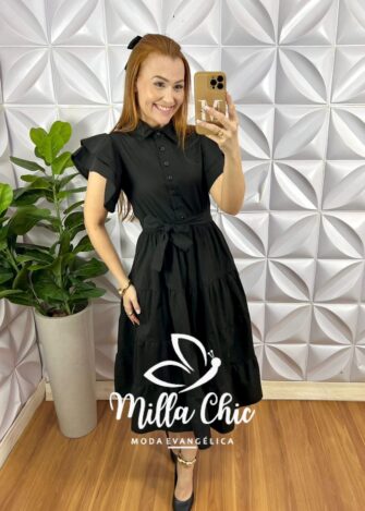 Milla Chic - millachic com br vestido chemise tricoline manga babadinho midi com marias thalita preto Vestido Chemise Tricoline Manga Babadinho Mídi Com Marias Thalita - Preto - Milla Chic