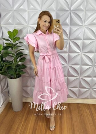 Milla Chic - millachic com br vestido chemise tricoline manga babadinho midi com marias thalita rosa Vestido Chemise Tricoline Manga Babadinho Mídi Com Marias Thalita - Rosa - Milla Chic