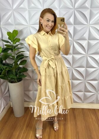 Vestido Chemise Tricoline Manga Babadinho Mídi Com Marias Thalita - Manteiga - Milla Chic