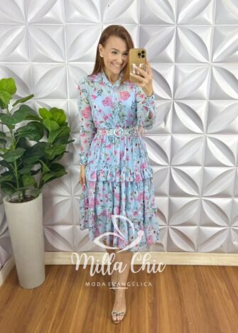 Vestido Chiffon Gola Polo Cinto Encapado Mídi Três Marias Forro Avulso Paola - Azul (estampado) - Milla Chic
