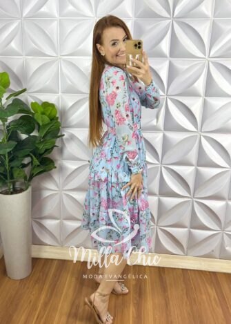 Vestido Chiffon Gola Polo Cinto Encapado Mídi Três Marias Forro Avulso Paola - Azul (estampado) - Milla Chic