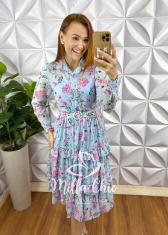 Vestido Chiffon Gola Polo Cinto Encapado Mídi Três Marias Forro Avulso Paola - Azul (estampado) - Milla Chic