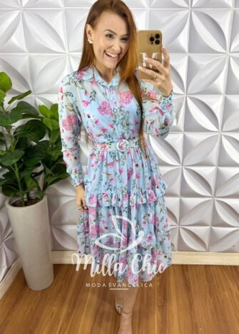 Vestido Chiffon Gola Polo Cinto Encapado Mídi Três Marias Forro Avulso Paola - Azul (estampado) - Milla Chic