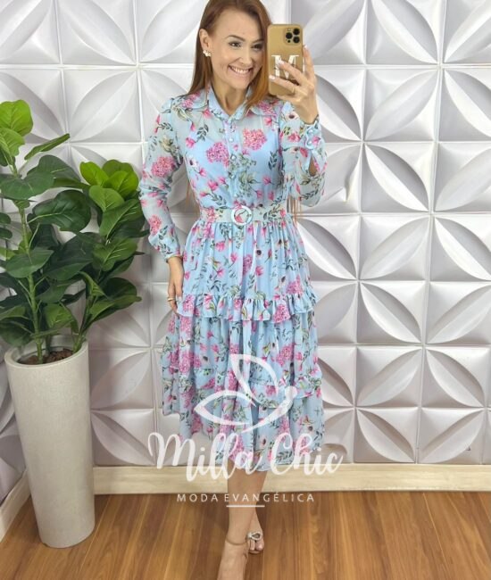 Vestido Chiffon Gola Polo Cinto Encapado Mídi Três Marias Forro Avulso Paola - Azul (estampado) - Milla Chic