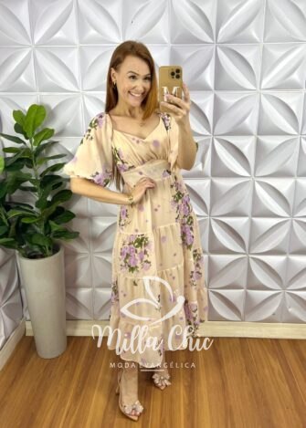 Vestido Chiffon Mídi Manga Abalone Mídi Com Marias Estampado Beth - Manteiga - Milla Chic