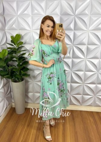 Vestido Chiffon Mídi Manga Abalone Mídi Com Marias Estampado Beth - Verde - Milla Chic
