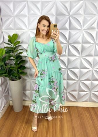 Vestido Chiffon Mídi Manga Abalone Mídi Com Marias Estampado Beth - Verde - Milla Chic