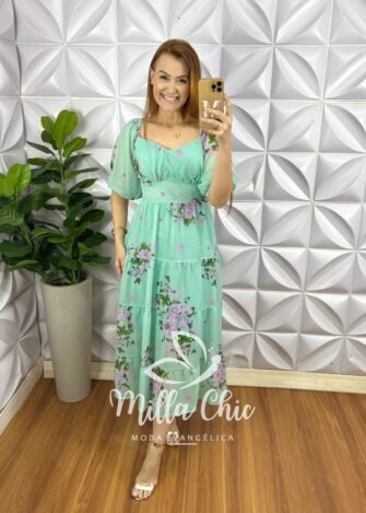 Vestido Chiffon Mídi Manga Abalone Mídi Com Marias Estampado Beth - Verde - Milla Chic
