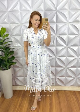 Vestido Chiffon Mídi Três Marias Manga Princesa Estampado Leticia - Branco - Milla Chic