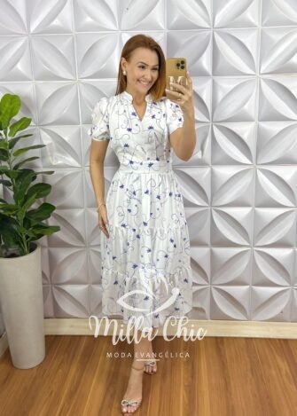 Vestido Chiffon Mídi Três Marias Manga Princesa Estampado Leticia - Branco - Milla Chic