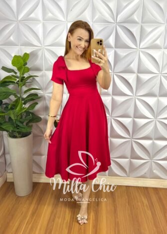 Vestido Crepe Alfaiataria Mídi Godê Com Laço Nos Ombros Alice - Vermelho - Milla Chic