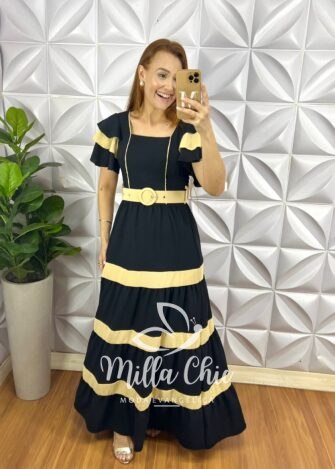 Vestido Crepe Dunna Com Bojo Longo Cinto Encapado e Entremeios Bicolor Melanie - Preto - Milla Chic