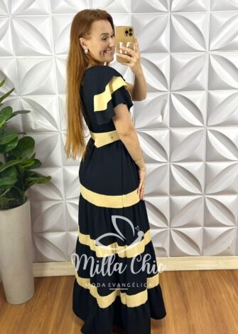 Vestido Crepe Dunna Com Bojo Longo Cinto Encapado e Entremeios Bicolor Melanie - Preto - Milla Chic