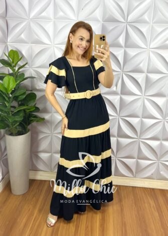 Vestido Crepe Dunna Com Bojo Longo Cinto Encapado e Entremeios Bicolor Melanie - Preto - Milla Chic