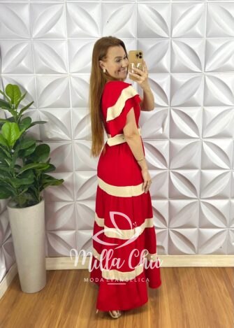 Vestido Crepe Dunna Com Bojo Longo Cinto Encapado e Entremeios Bicolor Melanie - Vermelho - Milla Chic