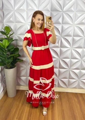 Vestido Crepe Dunna Com Bojo Longo Cinto Encapado e Entremeios Bicolor Melanie - Vermelho - Milla Chic