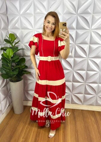 Vestido Crepe Dunna Com Bojo Longo Cinto Encapado e Entremeios Bicolor Melanie - Vermelho - Milla Chic